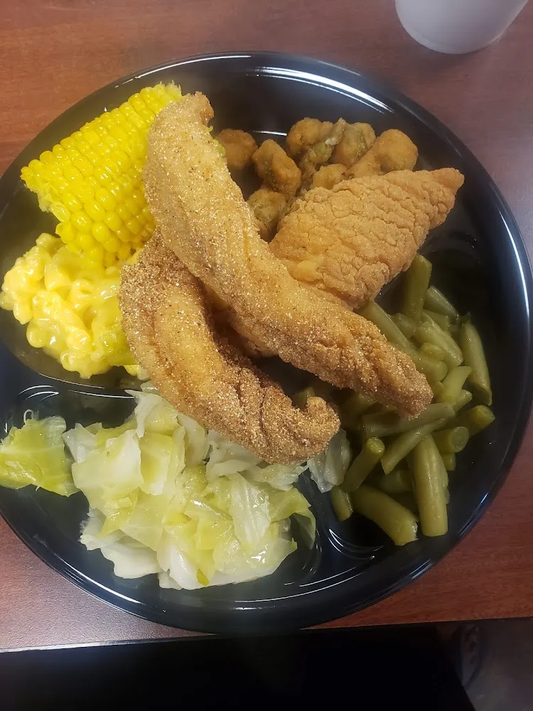 Catfish Mac Cheese Green Beans Okra Cabbages A